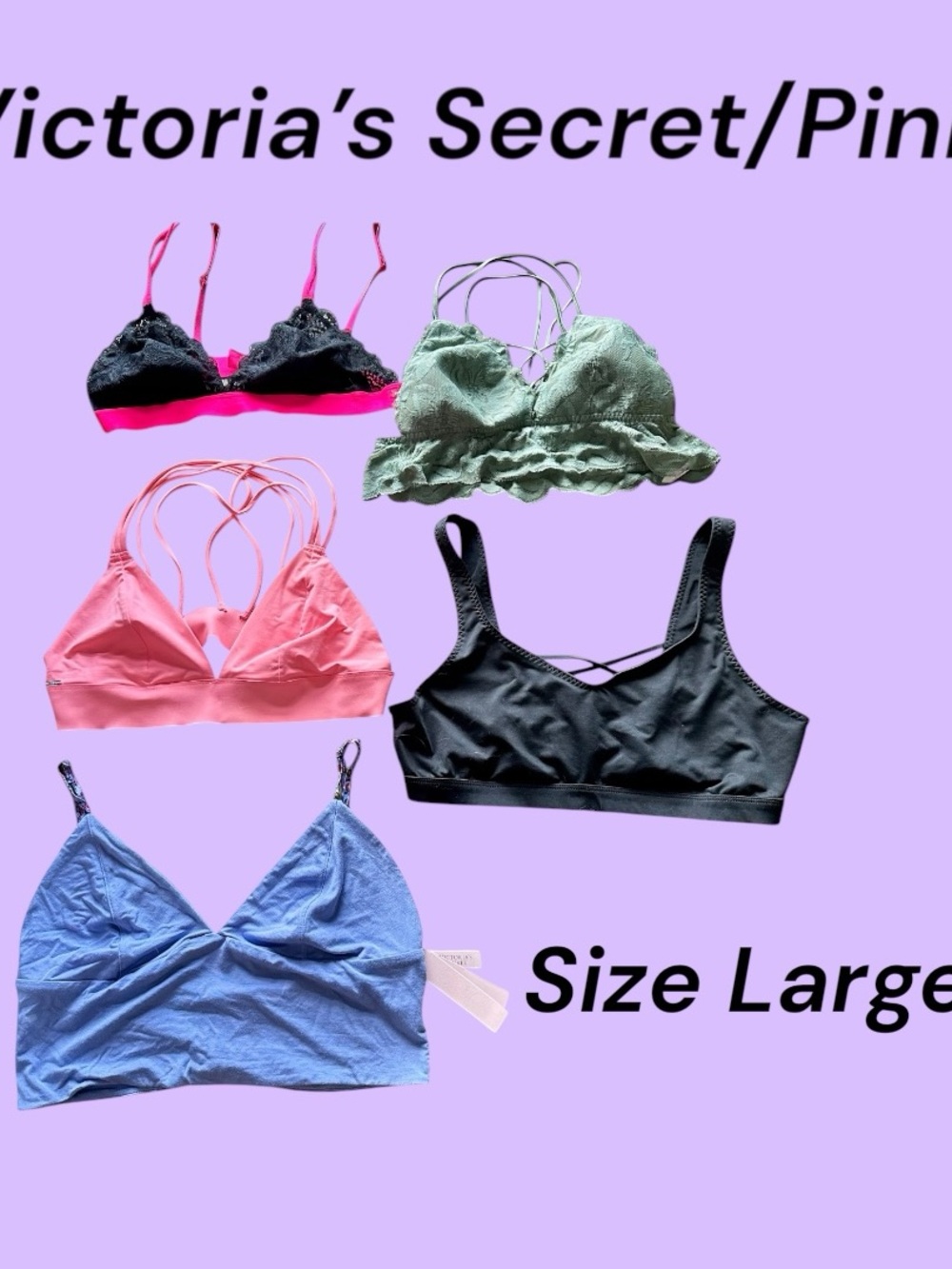 Victoria's Secret Bralette Set in Black, Pink, Coral, Green, Blue 5 piece lot!